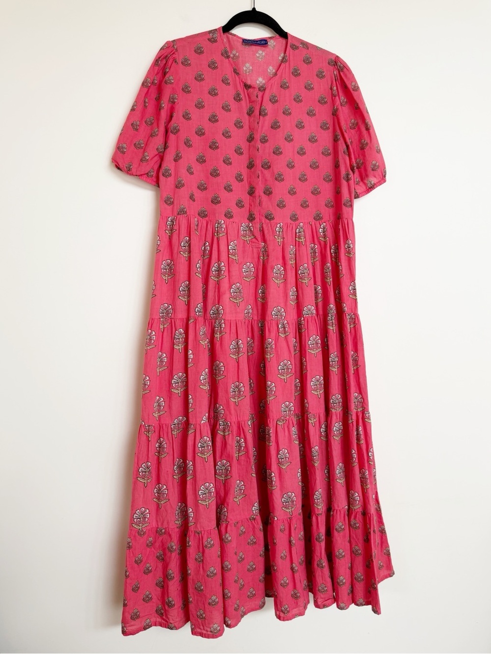 Ro’s Garden Daphne Pink Tiered Puff Sleeve Midi Dress Size Medium 100% Cotton
